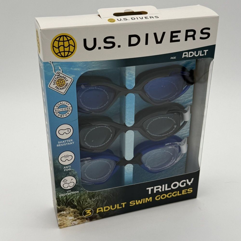 US Divers Trilogy Adult UV Swim Goggles 3 Pk  Shatter Resistant PC Lens Anti Fog